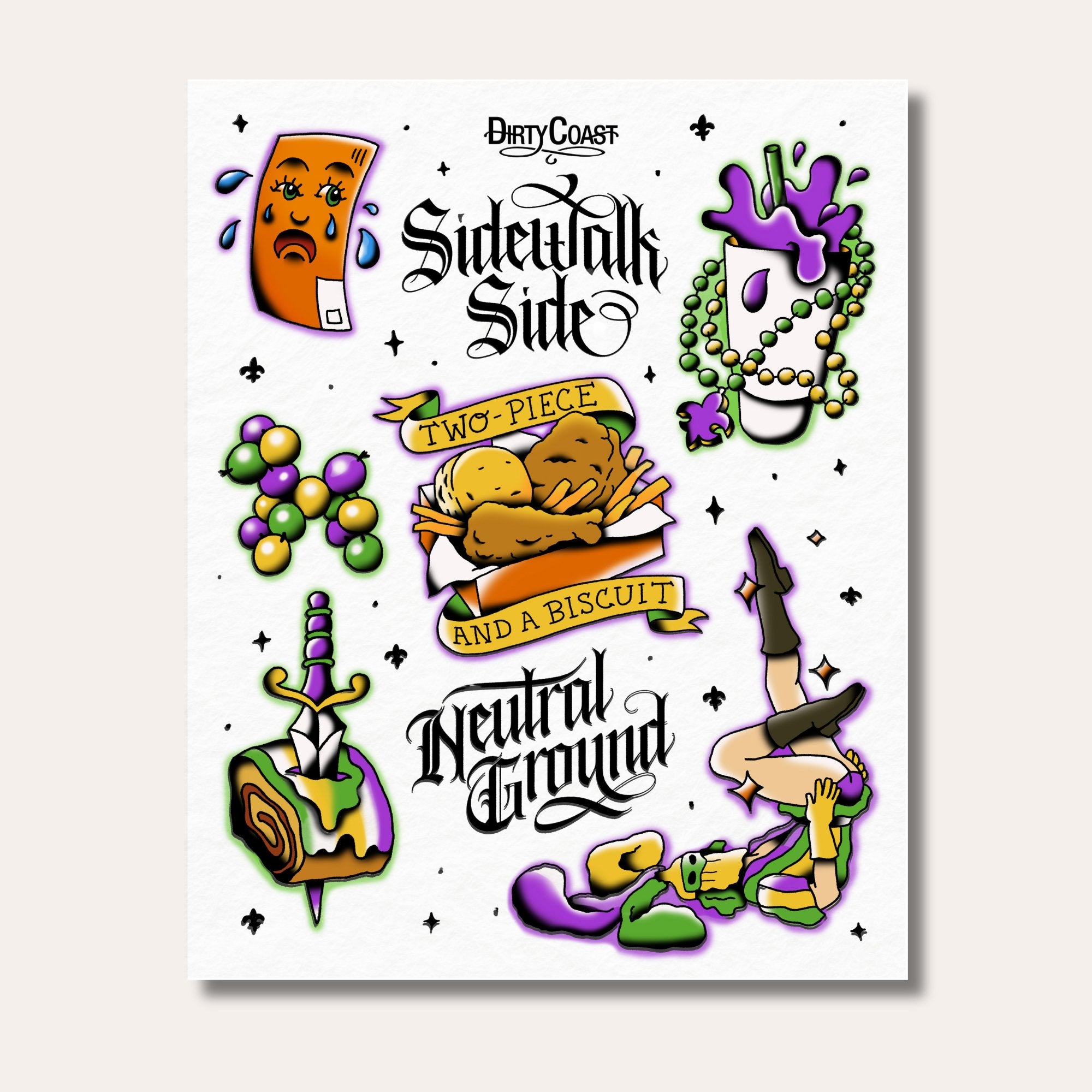 Mardi Gras Temporary Tattoo Flash Sheet - Dirty Coast